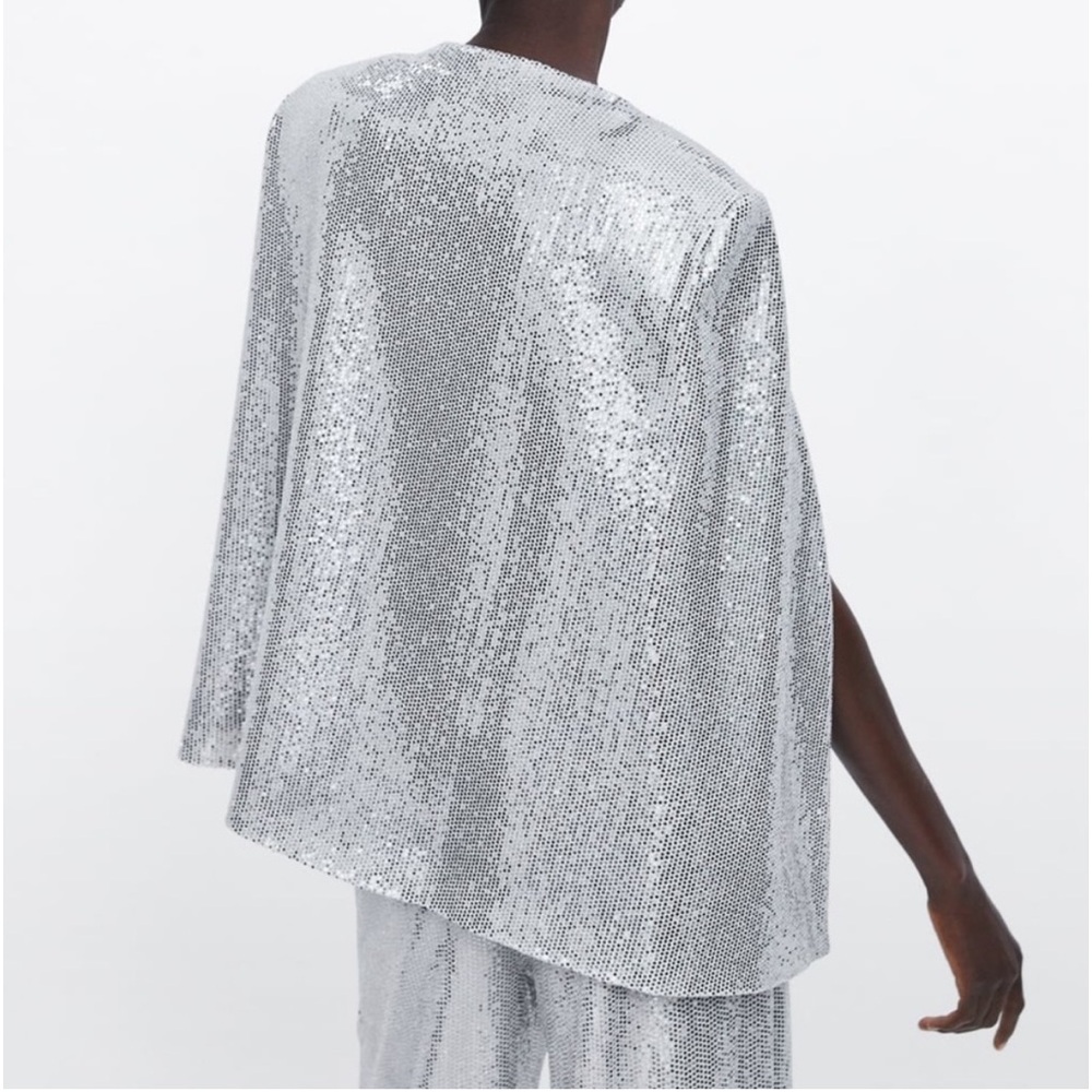Zara Cape Puncho Blazer Jacket Silver Metallic Sequin NEW - Picture 12 of 13